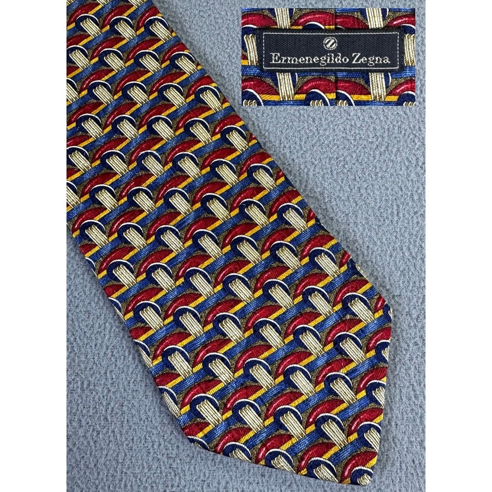 Ermenegildo Zegna Tie Red Blue Colorful Geometric Abstract Silk Italy Luxe